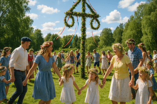 Midsummer Sweden celebration, dancing around maypole, traditional Swedish festival, Midsummer in Sweden