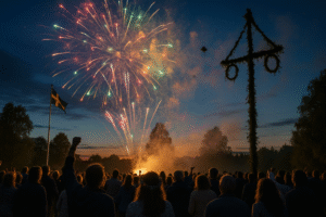 Midsummer fireworks, Sweden Midsummer night, outdoor celebrations Sweden
