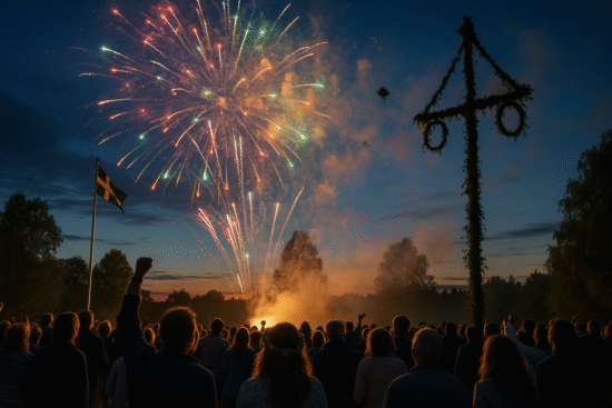 Midsummer fireworks, Sweden Midsummer night, outdoor celebrations Sweden