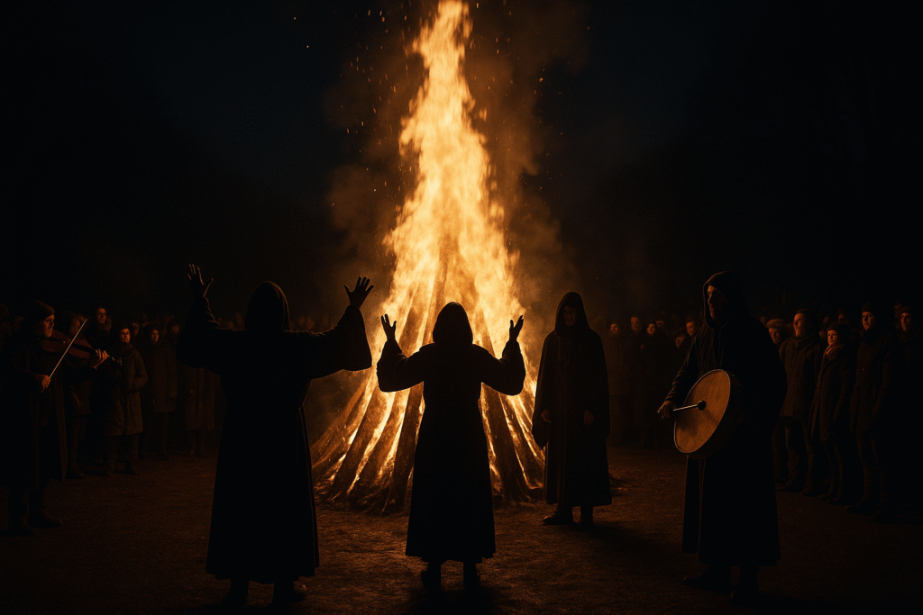 Ritual ceremony during Dark Mofo festival, featuring a large fire and participants engaged in symbolic movements, set in the cold winter night