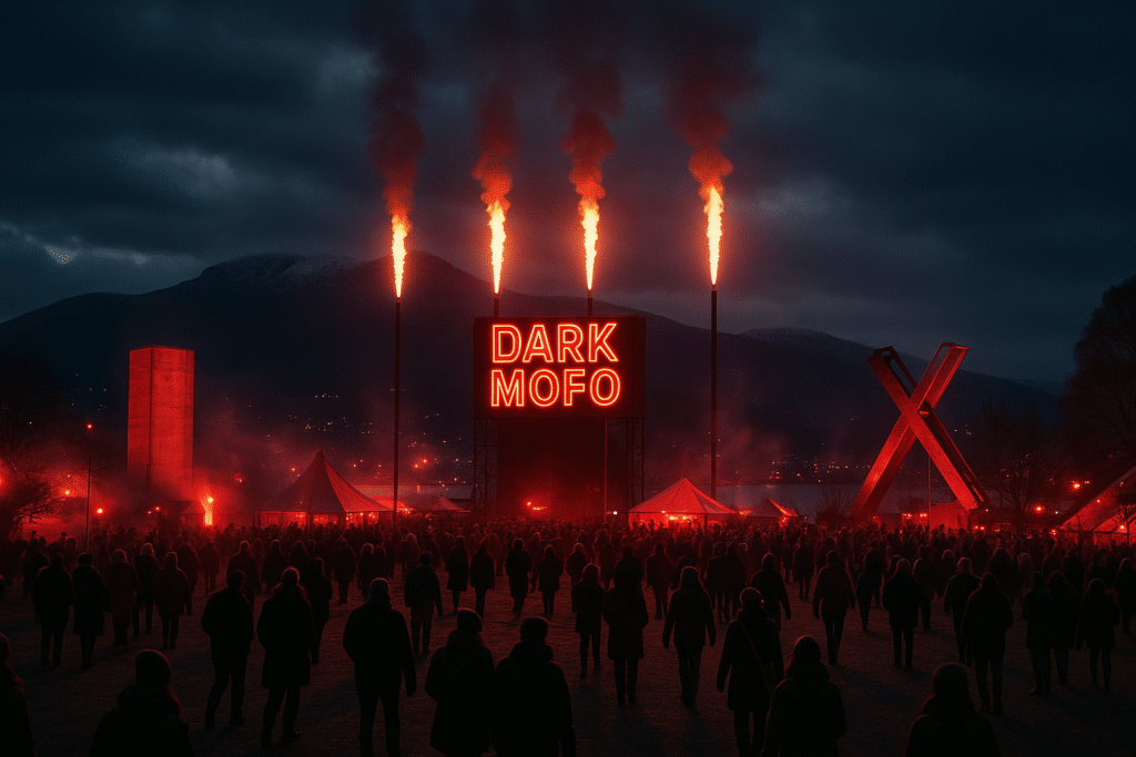 Nighttime view of the Dark Mofo festival in Hobart, Tasmania, with large art installations, crowds, and the natural beauty of the surrounding winter landscape
