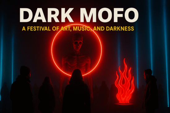 Dark Mofo festival promotional image featuring glowing art installations, a red neon ring, a haunting humanoid figure, and vibrant blue light pillars. Text reads 'DARK MOFO: A Festival of Art, Music, and Darkness' set against a dark, immersive backdrop with festival-goers engaging with the art