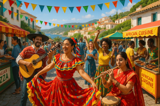 Vibrant scene from the International Festival 'Bar' in Montenegro, showcasing colorful pennant banners, cultural performances, global food stalls, and diverse crowds enjoying music and art in a Mediterranean setting.
