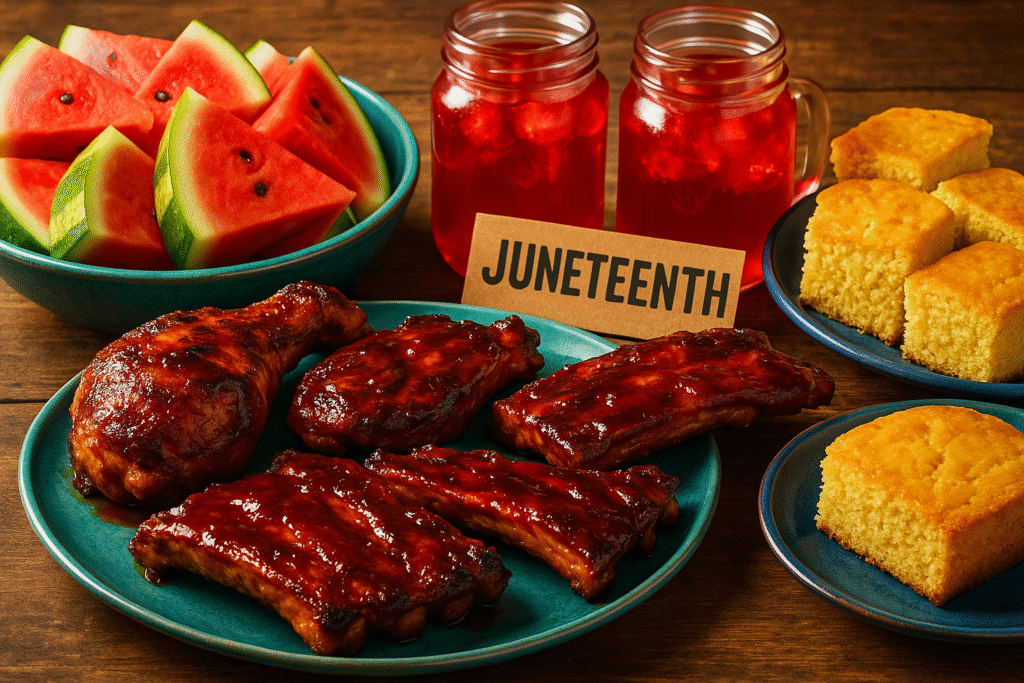 Traditional Juneteenth foods such as barbecue, cornbread, watermelon, and red drinks.