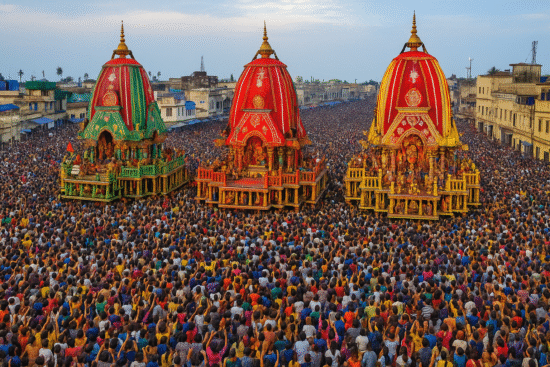 Jagannath Rath Yatra procession with large decorated chariots being pulled by devotees in Puri, India, Rath Yatra Jagannath.