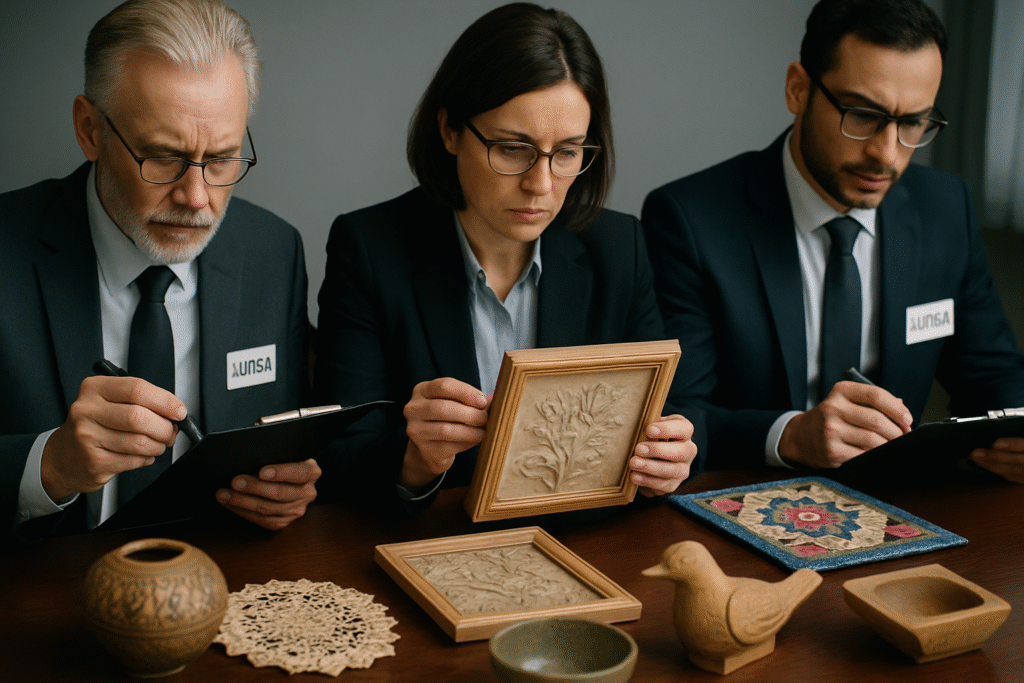 LOEWE Craft Prize judges reviewing detailed pieces of craftsmanship during the selection process.