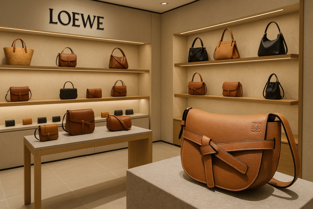 Luxury leather goods on display at a LOEWE store, emphasizing the brand's commitment to craftsmanship and design.
