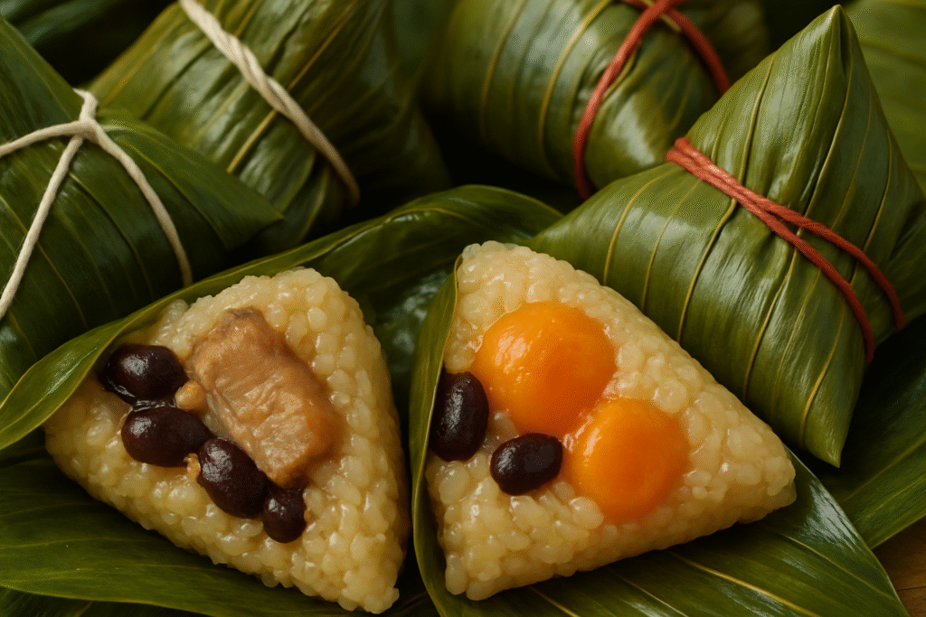 Traditional Chinese zongzi rice dumplings wrapped in bamboo leaves, filled with savory fillings like pork and salted egg yolk.