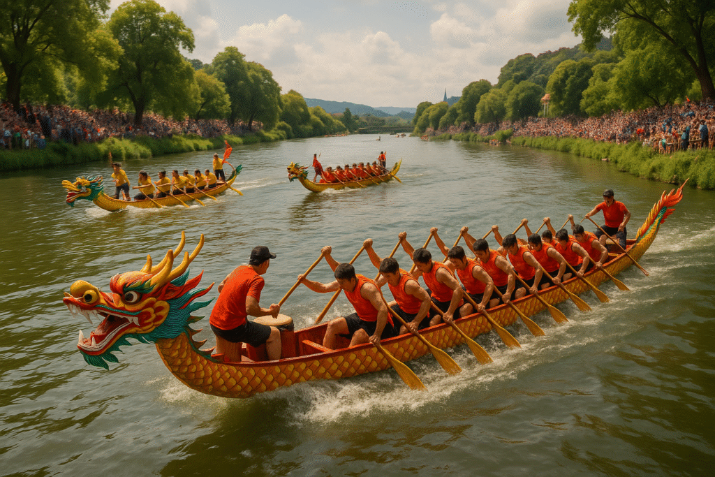 Exciting dragon boat race during the Dragon Boat Festival, showcasing synchronized paddling and colorful dragon-shaped boats.