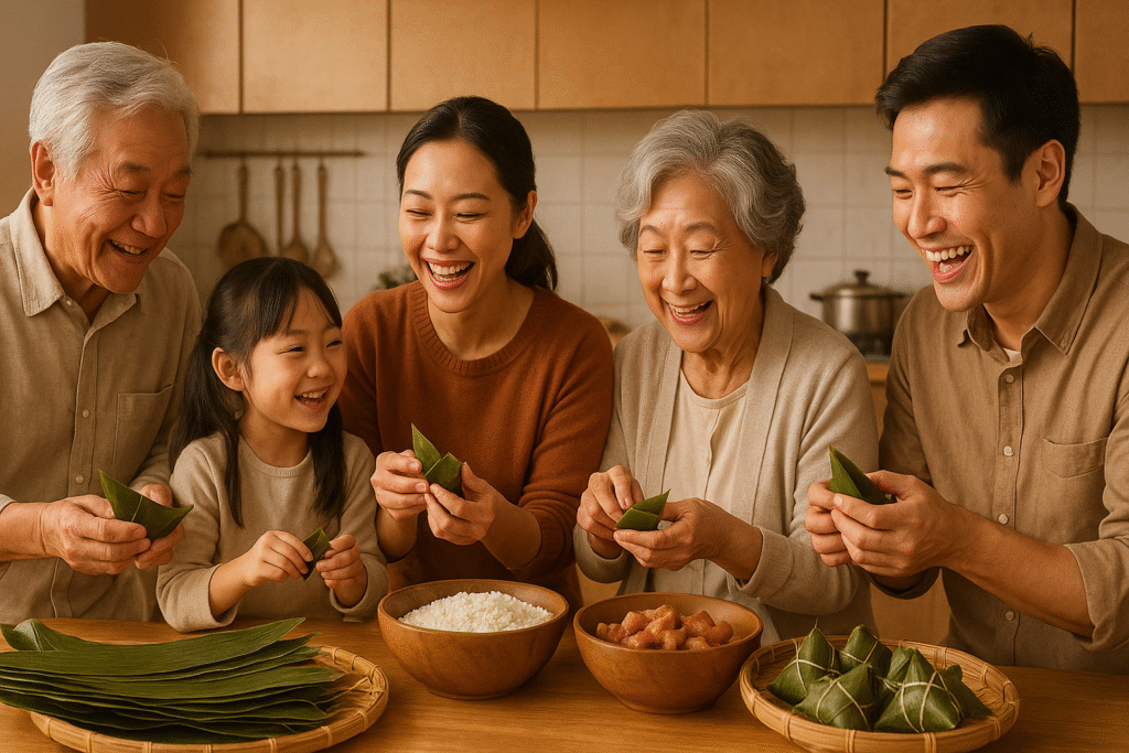 Family preparing zongzi rice dumplings together, showcasing the tradition of family bonding during Dragon Boat Festival.