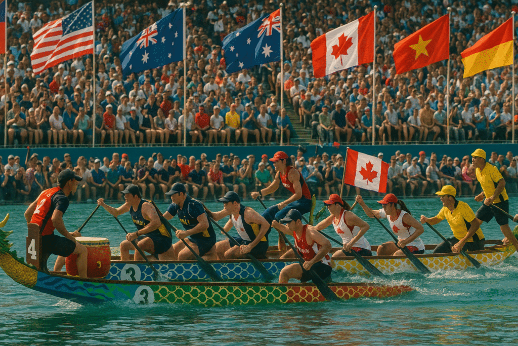 International dragon boat race event with teams from around the world participating in a vibrant, competitive festival.
