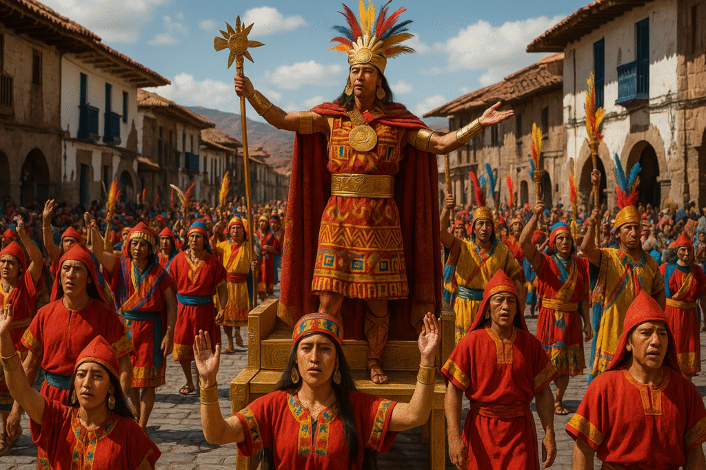 Traditional Andean procession during Inti Raymi festival in Cusco, with the Sapa Inca leading the celebration in vibrant costume.