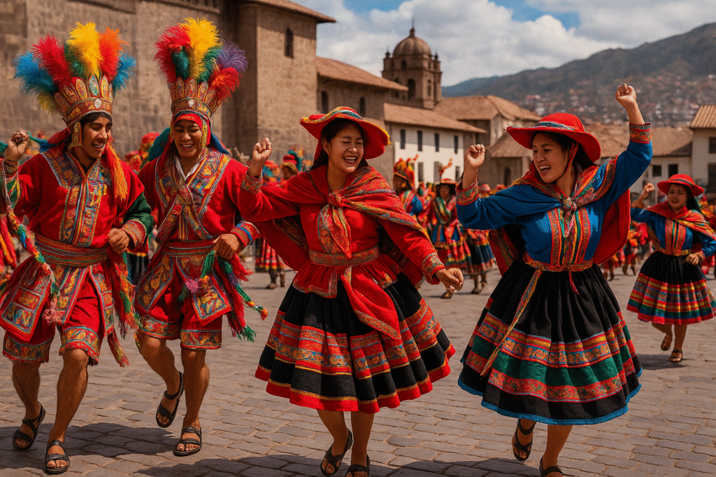 Andean dancers in colorful costumes performing traditional dances during the Inti Raymi festival in Cusco.