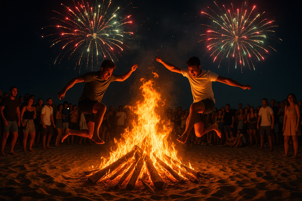 Bonfire and fireworks during San Juan Festival in Spain with people celebrating summer solstice.