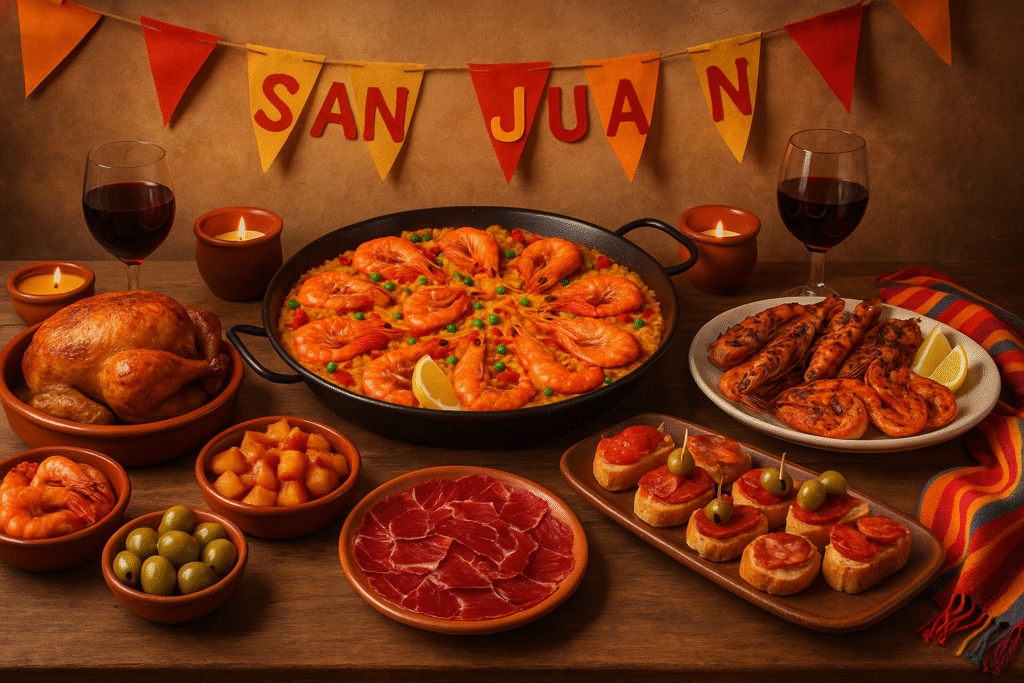 Traditional Spanish dishes such as paella and tapas served during the San Juan Festival.
