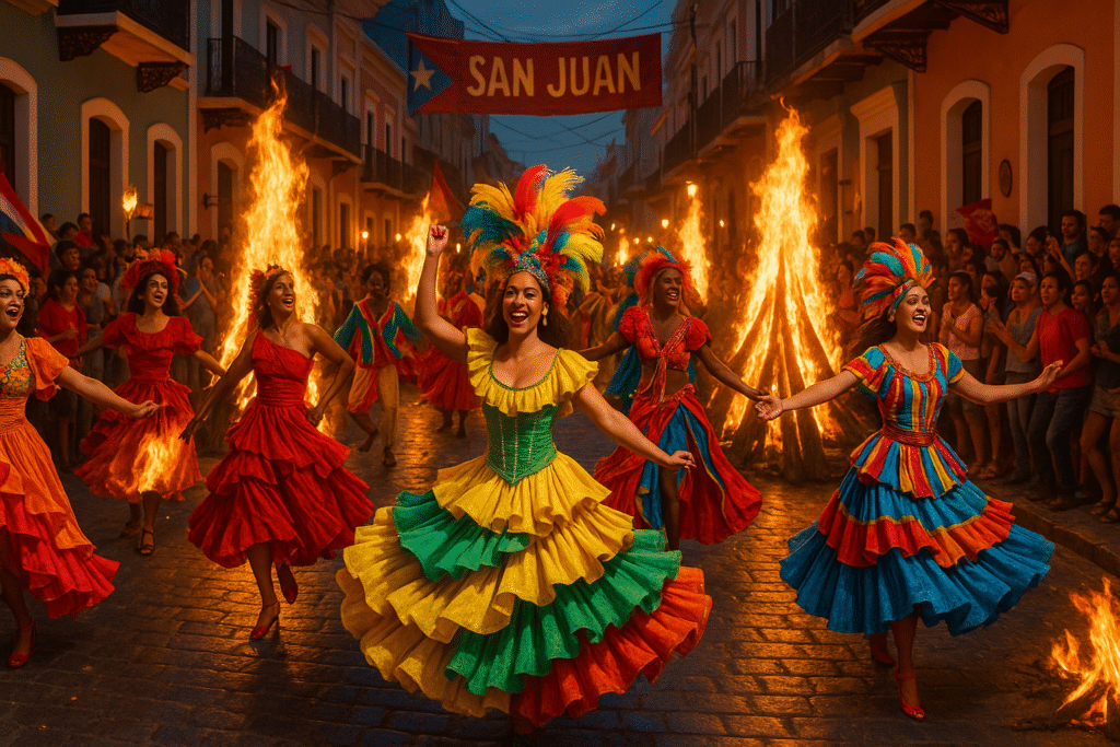 Vibrant parade with dancers and bonfires during San Juan Festival in Puerto Rico.