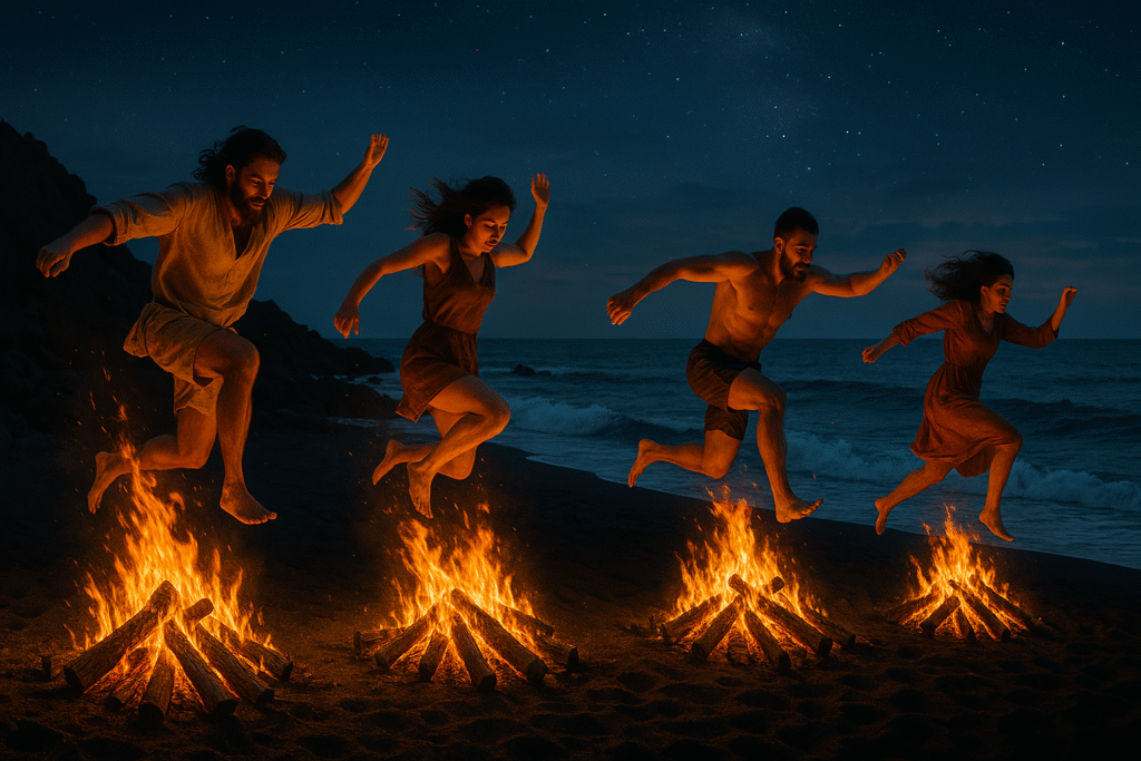 People jumping over bonfires during San Juan Festival rituals in the Canary Islands.