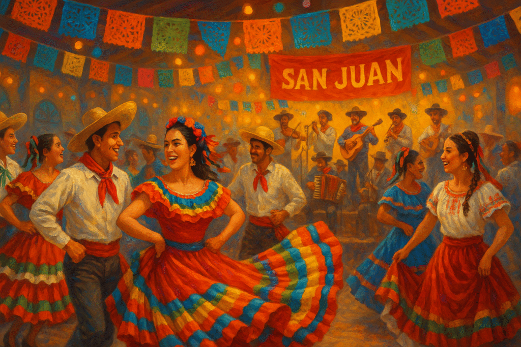 Dancing and music at San Juan Festival in Mexico with traditional celebrations.