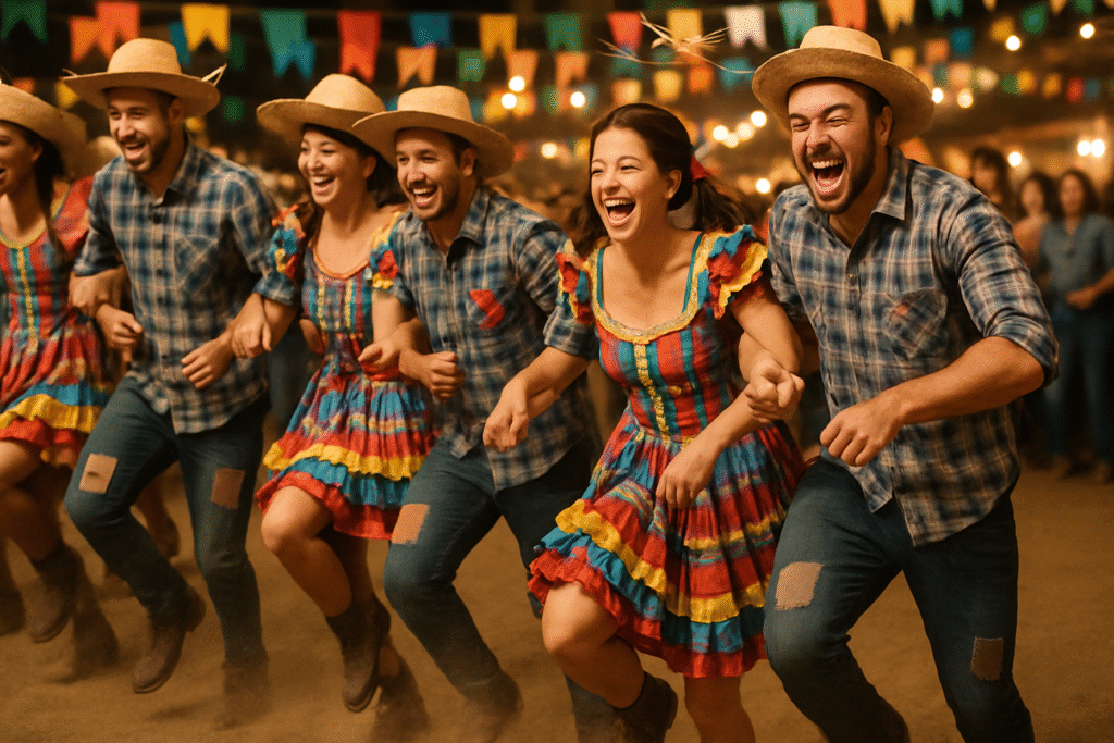 A joyful Quadrilha dance at a Brazilian Festa Junina, with couples in traditional caipira costumes performing a lively, synchronized move