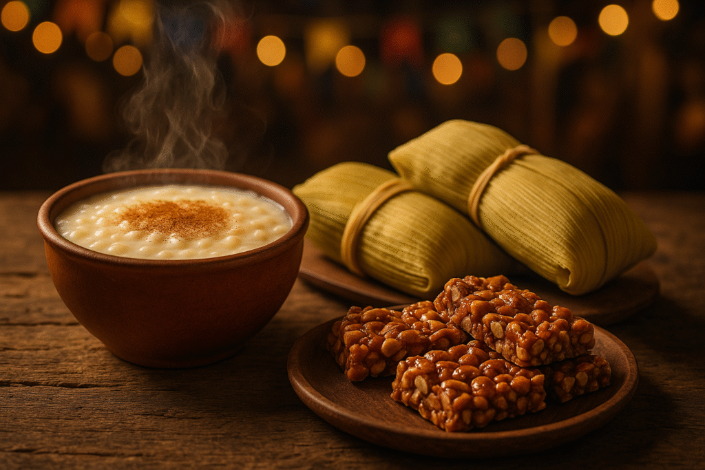 A delicious spread of traditional Festa Junina food, including steaming pamonha, canjica, and pé-de-moleque, on a rustic wooden table.