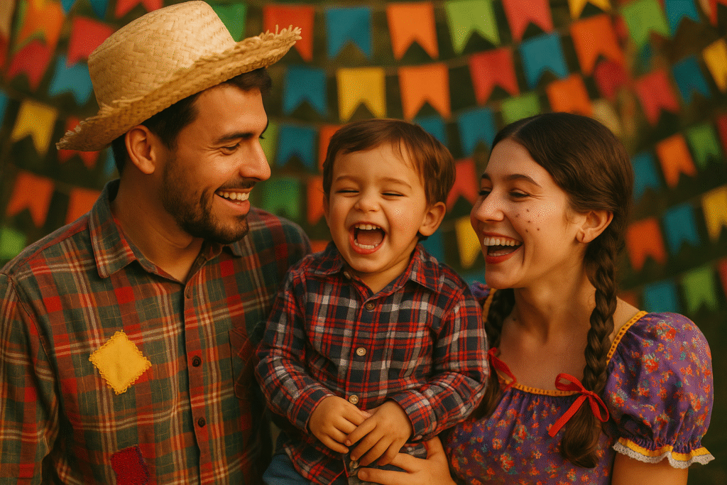 A smiling family wearing traditional caipira costumes, including straw hats and plaid shirts, for a Festa Junina celebration in Brazil.