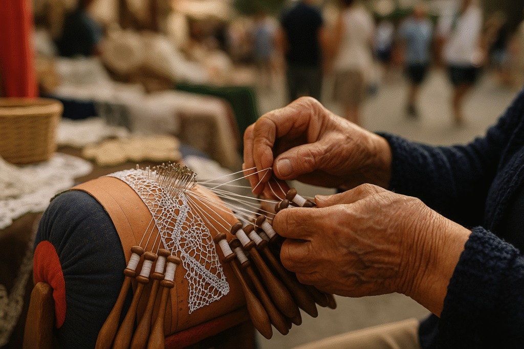 An artisan's hands demonstrating traditional Maltese lace-making (bizzilla) at a Għanafest craft stall, showcasing intricate patterns.