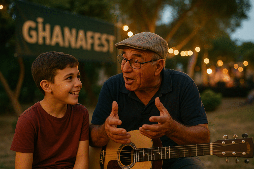 An older Maltese man sharing a cultural moment with a young child at Għanafest, symbolizing the passing of traditions between generations.