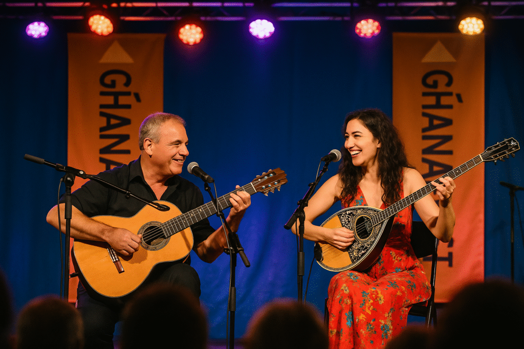 Musicians from Malta and another Mediterranean country performing together on stage at Għanafest, highlighting cultural exchange through music.
