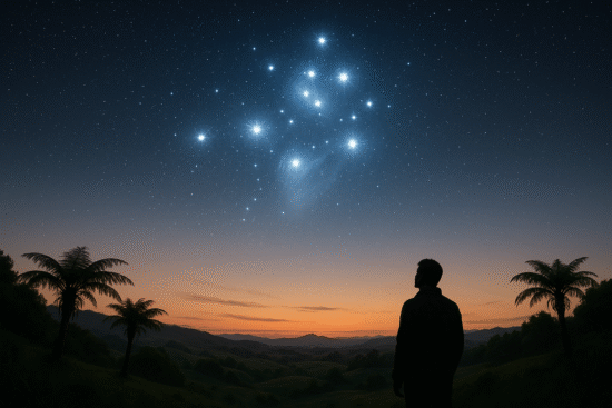 The Matariki star cluster rising in the pre-dawn sky over Aotearoa New Zealand, symbolizing the start of the Māori New Year.