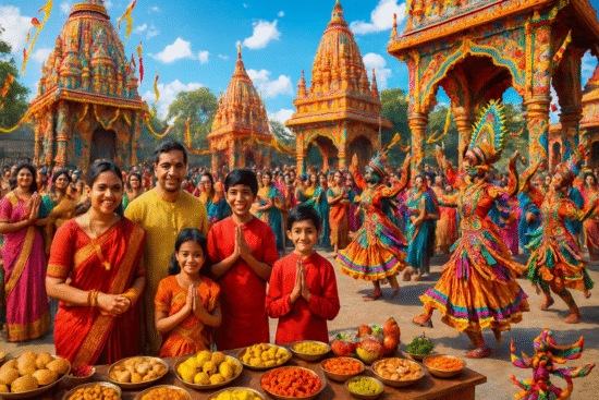 Maha Navami 2025 celebration showing devotees worshipping Goddess Durga with traditional rituals, colorful decorations, and cultural festivities during Navratri festival in India