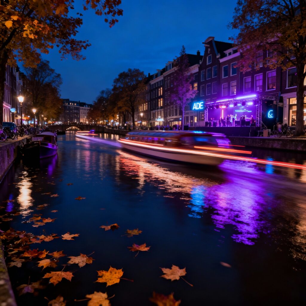Amsterdam Dance Event 2025 lights reflecting across historic canals at night.