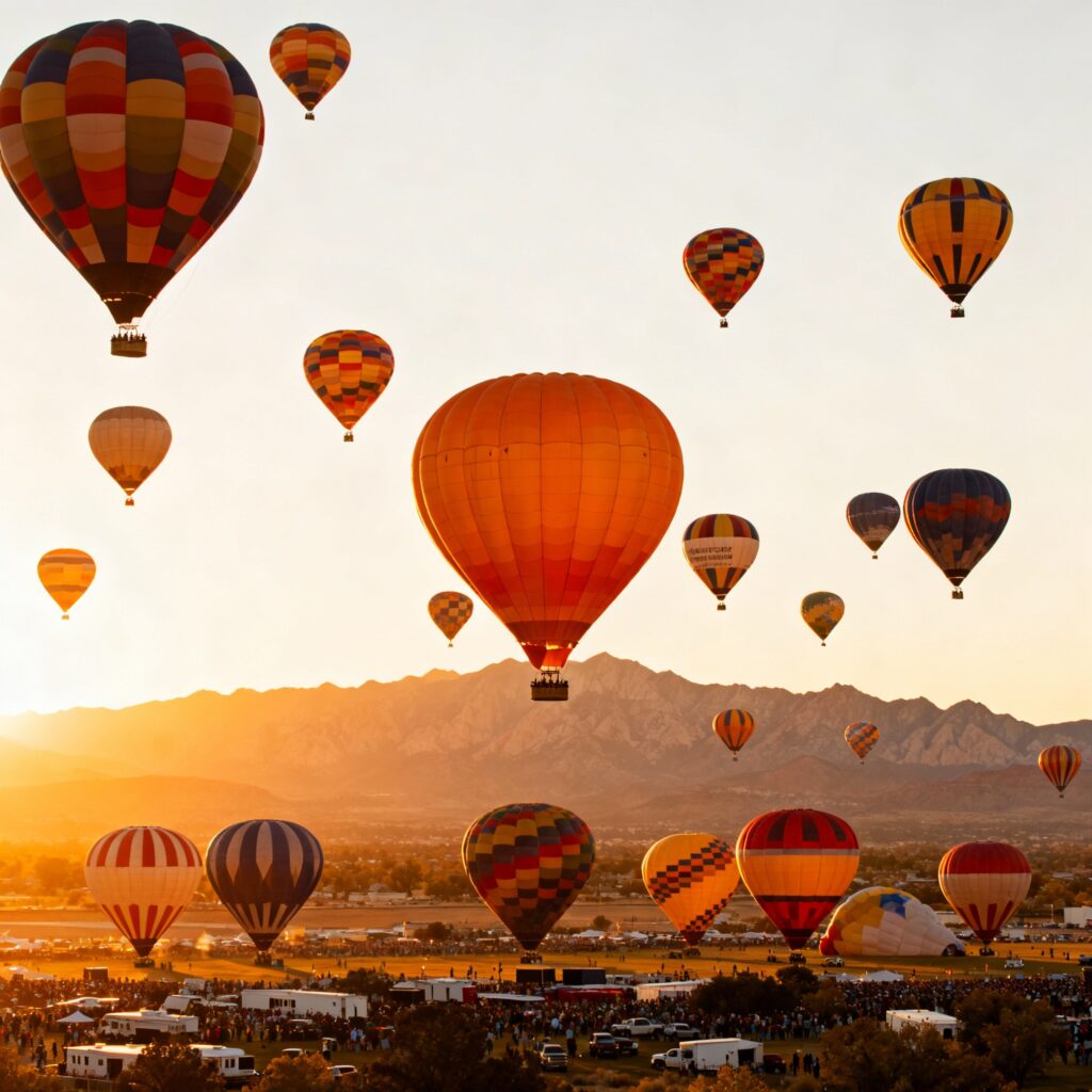 Hundreds of colorful hot air balloons floating against a vibrant sunrise sky at the Albuquerque International Balloon Fiesta, with the Sandia Mountains in the background