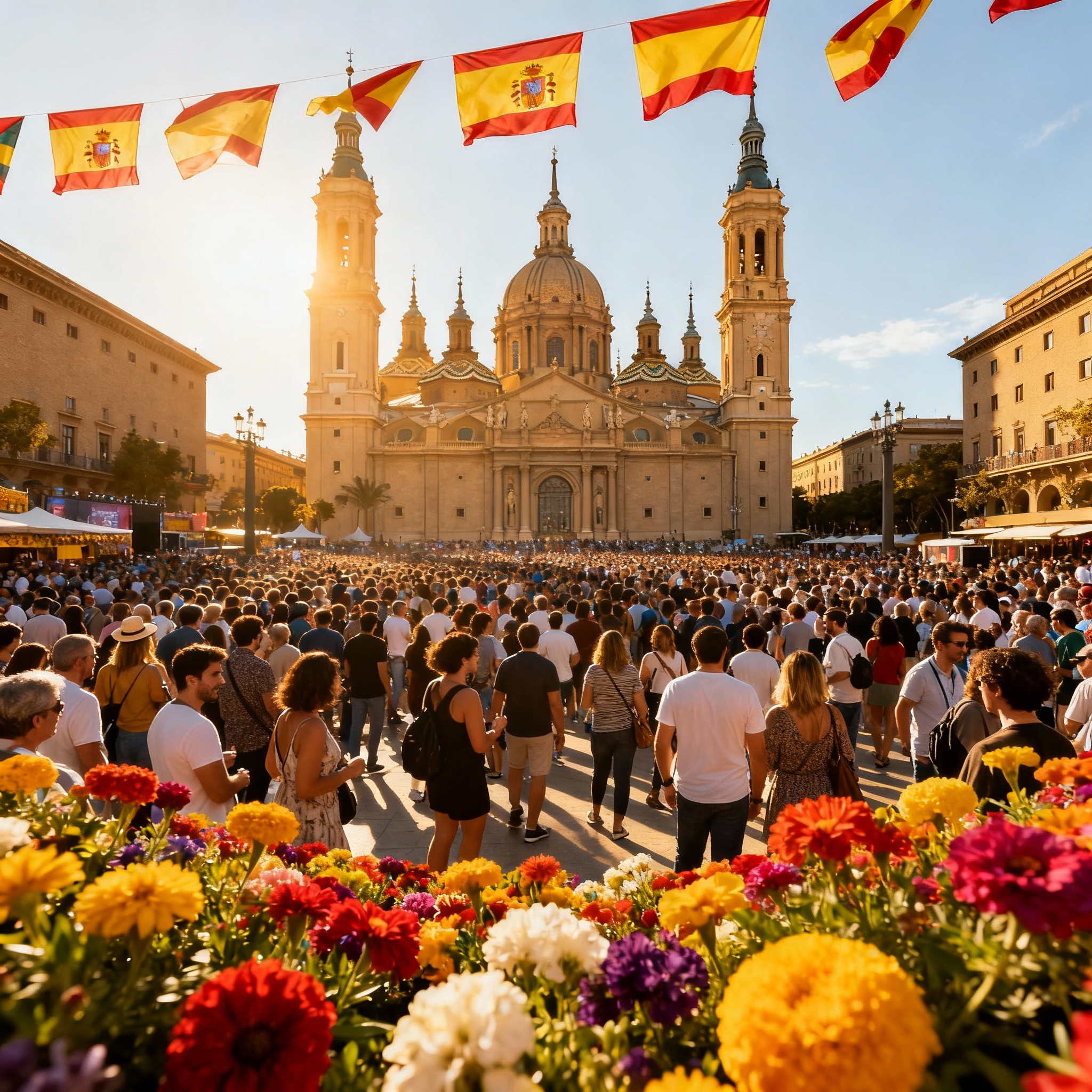 Basilica of Our Lady of the Pillar in Zaragoza, decorated with flowers and festival crowds during Fiestas del Pilar 2025.