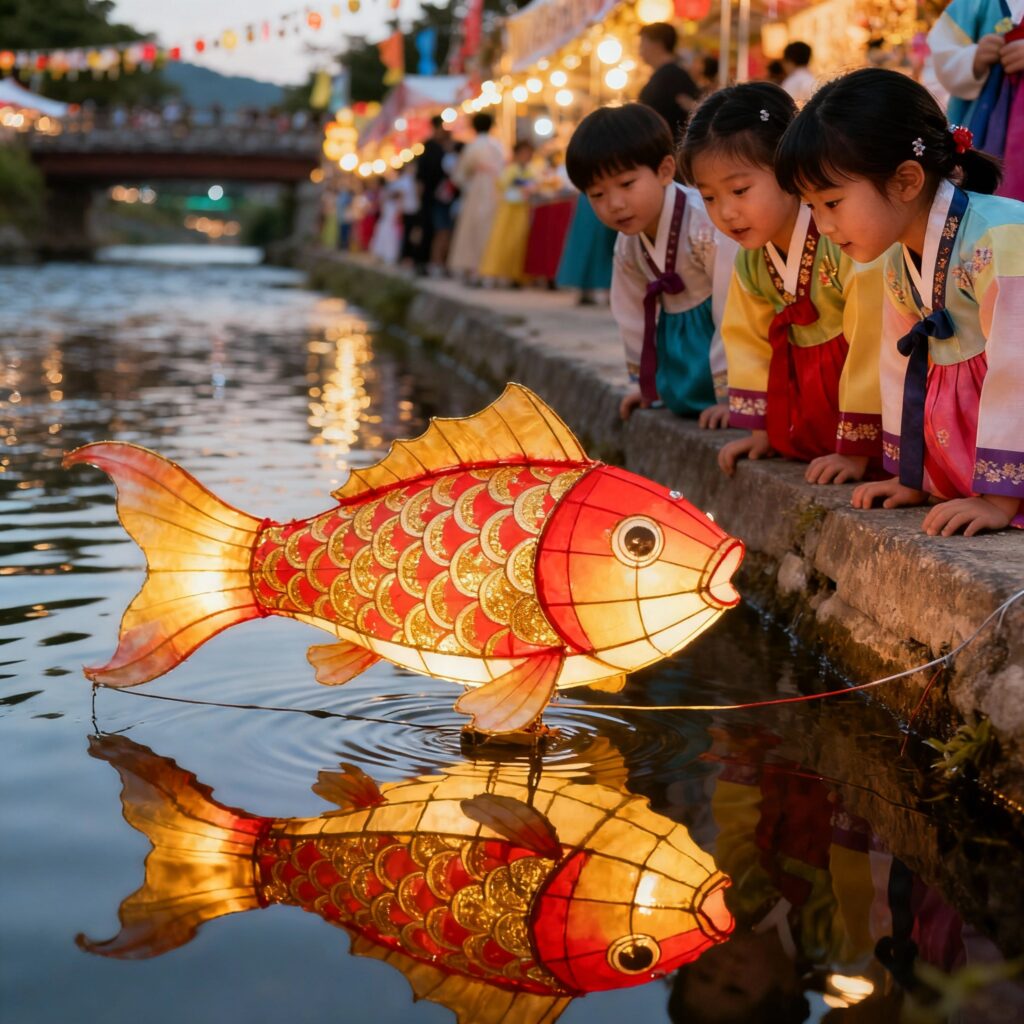 Children gaze at a colorful carp lantern reflected on the water