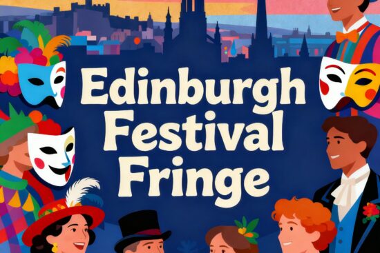 Colorful Edinburgh Festival Fringe logo with vibrant artistic festival elements and the historic Edinburgh cityscape in the background, representing the world's largest arts festival