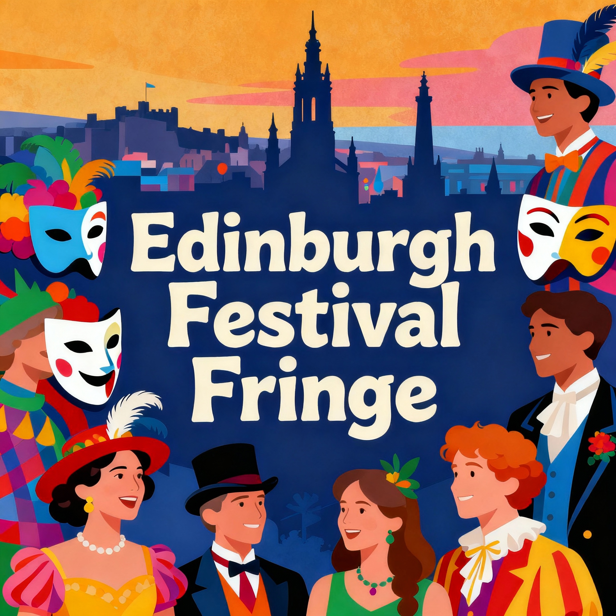 Edinburgh Festival Fringe 2025 official logo featuring vibrant colorful design with theatre performers and musical artists celebrating Scotland's premier arts festival