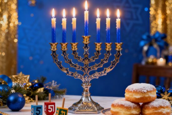 Hanukkah menorah glowing with festive blue and gold decor