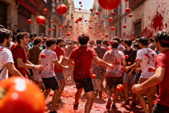 La Tomatina festival street view with crowd and flying tomatoes.