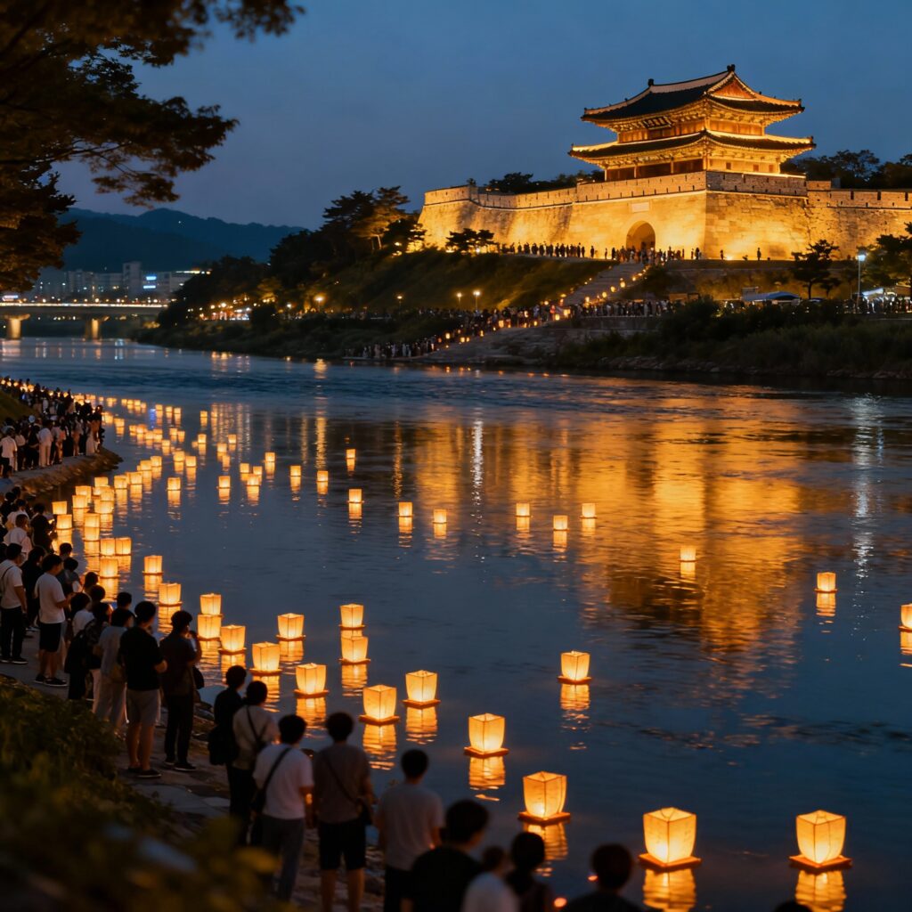 Lanterns flowing down the Namgang River as Jinju Fortress shines in the background