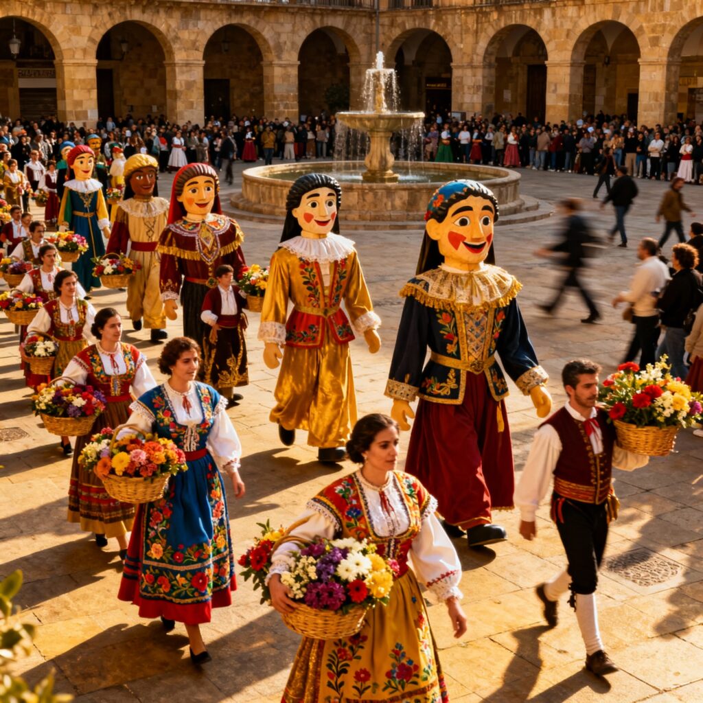 Colorful crowd in traditional Aragonese dress with flower offerings and festival puppets during Pilar Festival parade in Zaragoza.