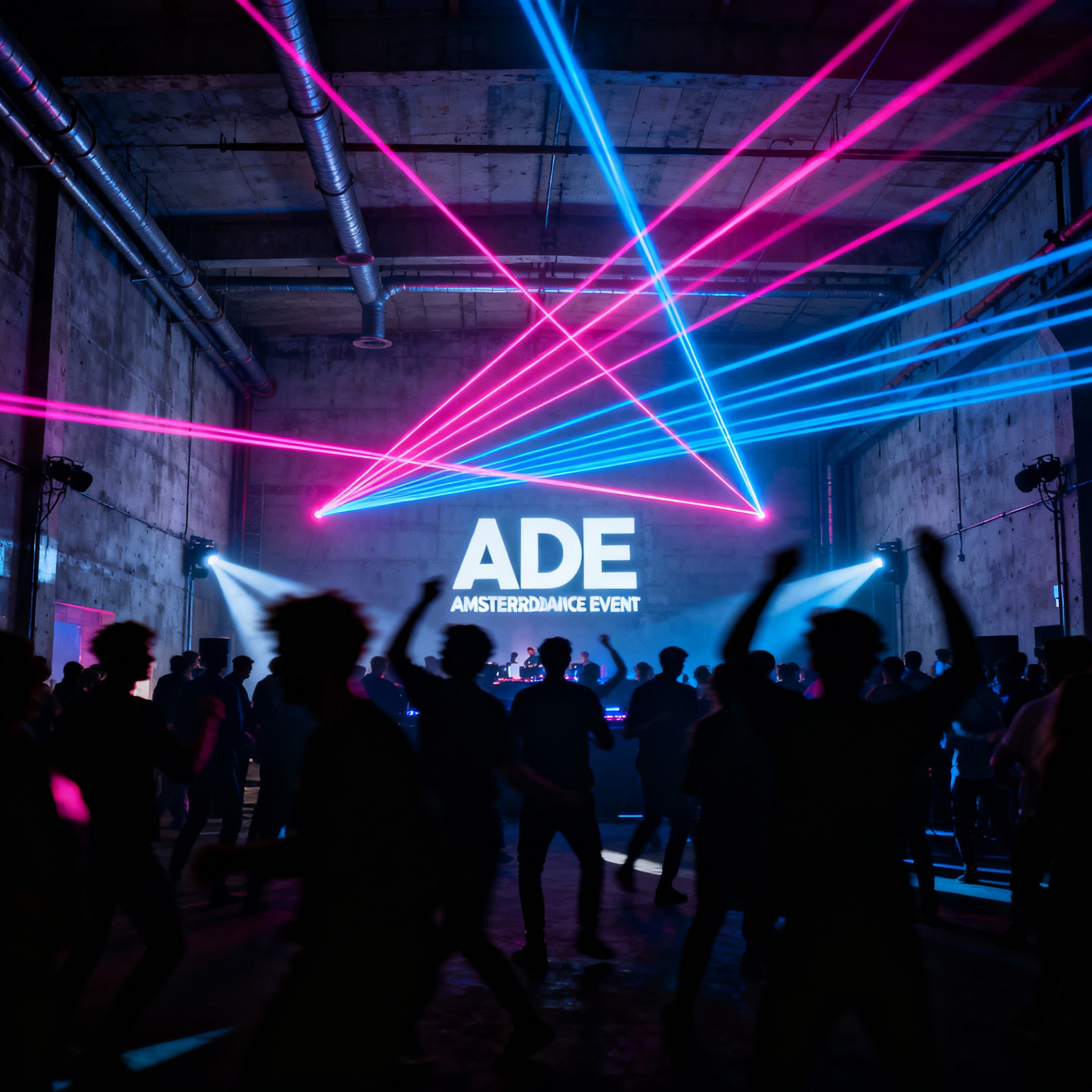 Crowd dancing under lasers at a warehouse party during ADE festival 2025.